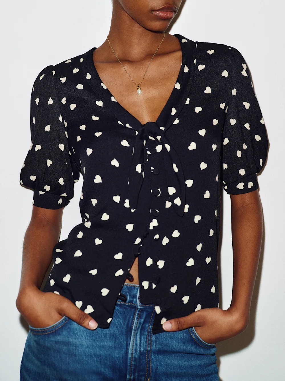 Reformation Joelle Top Black Heart-Print Tie-Neck Blouse